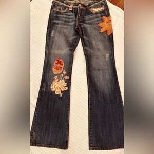 Women's Vintage Dark Wash Embroidered Jeans with Orange Floral Appliqué